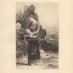 Lover Slain-Torn 2 Pieces-Killed-1891 Old Antique Vintage Art PRINT-Etching-Orpheus-Muse-Greek Mythology-Turtle-Medieval-Mourning-Lost Love