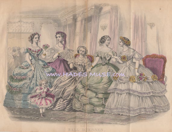 Bella palla Parigi vittoriano abiti-Fancy abiti-abito-donna-1861 vecchio  antico colore Vintage arte gotico-stampa foto-moda-di Godey-bambino