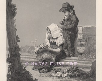 Children Mourn Dead Parent-Grave-Grief-Mourning-Death-Brother & Sister-Flowers-Flute-Offering-1888 Antique Vintage Art Print-Gothic Picture
