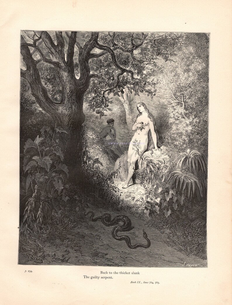 Devil Tempts Eve In Garden Of Eden-Apple-Sin-1885 Antique | Etsy