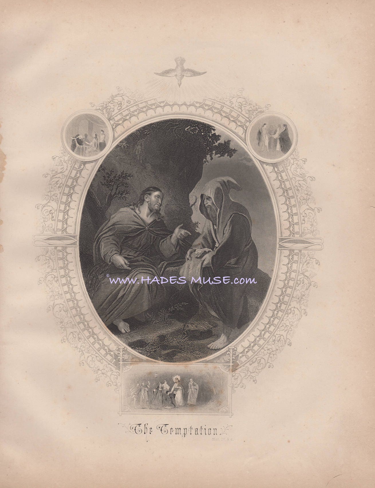 Tentación de Cristo-Diablo-1868 Antigua lámina artística vintage-Cuadro  gótico-Oferta-Cristo-Paloma-Lucifer-Infierno-DIOS-Biblia-El bien contra el, image size:1310x1707