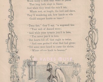 Dead May Wake In Praise-Weeping Maiden-Wayward Fate-Shrine-1872 Antique Vintage Art PRINT-Poem-Poetry-Heaven-GOD-Pray