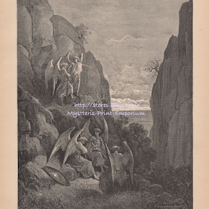 Archangels Battle Devil-1885 Antique Vintage Art PRINT-Picture-Rare Engraving-Dante-Virgil-Torment-Satan-Lucifer-Agony-Purgatory-Uriel-Hell