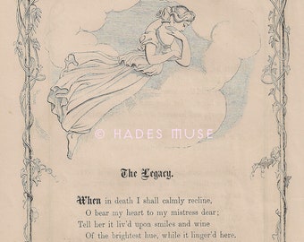 Shed One Tear Of Sorrow-Death Relic-Angel-Love-Flying-Heaven-Mourning-1872 Old Antique Vintage Art PRINT-Poem-Poetry-Mistress-Urn-Heart-Wine