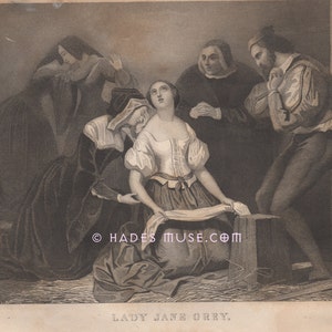 High Treason-Executed-Prisoner Tower Of London-England-Nine Days Queen-Lady Jane Grey-1848 Antique Vintage Art Print-Gothic Picture