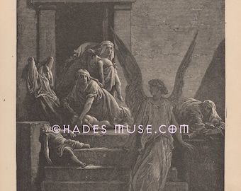 Destroying Angel Slays Children-Death Of The First Born-Bible-Mourning-Egypt-Archangel-Sword-1879 Antique Vintage Art PRINT-Engraving-Gothic