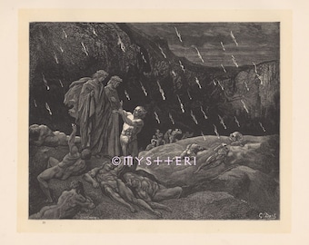 Raining Fire In Hell-1890 Antique Vintage Art PRINT-Picture-Engraving-Gothic-Mourn-Flames-Torture-Dante-Lucifer-Satan-Sin-Punishment-Devil