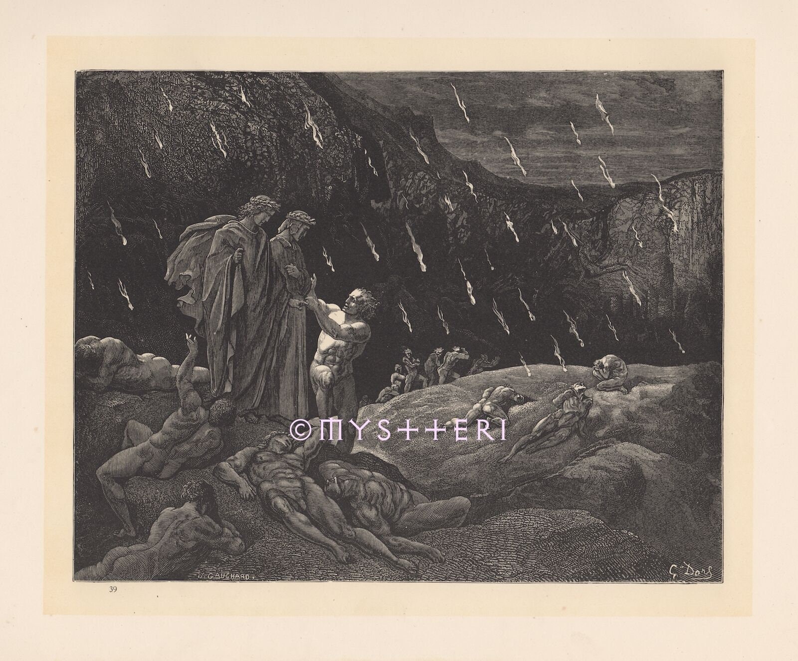 Raining Fire In Hell-1890 Antique Vintage Art PRINT-Picture-Engraving-Gothic-Mourn-Flames-Torture-Dante-Lucifer-Satan-Sin-Punishment-Devil