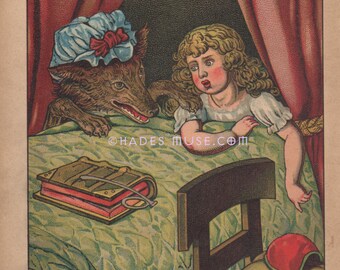 Big Bad Wolf In Bed-Grandma-Grimm Fairy Tale-Little Red Riding Hood-1880 Old Antique Vintage Color Art Print-Gothic Picture-Children's Book