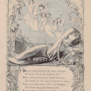 May include: A black and white illustration of a person sleeping while surrounded by fairies playing music. The text reads "No, not more welcome the fairy numbers Of music fall on the sleeper's ear, When half-awaking from fearful slumbers, He thinks the full quire of heaven is near,- Than came that voice, when, all forsaken, This heart long had sleeping lain, Nor thought its cold pulse would ever waken To such benign, blessed sounds again."