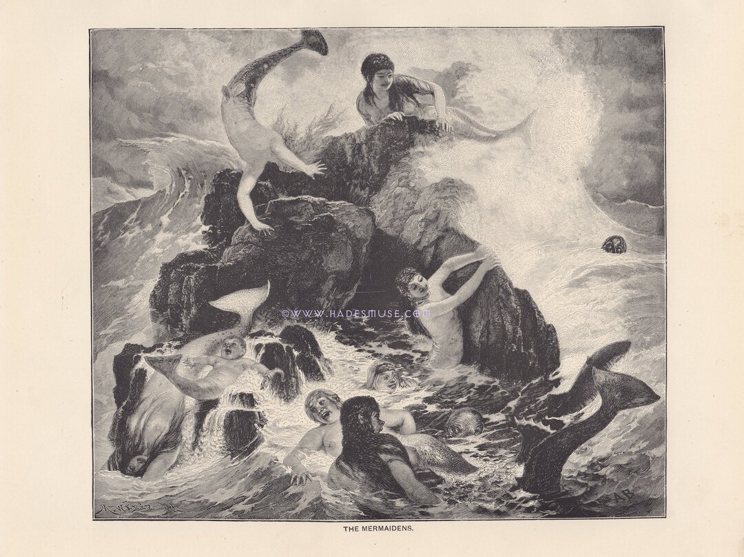Nude Mermaids Play1890 Antique Vintage Art Printmermaidenssirens