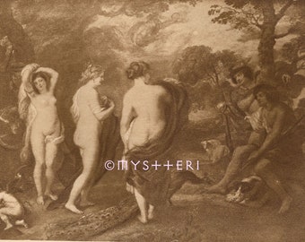 1907 Judgement Of Paris-Antique Vintage Art PRINT-Picture-Engraving-Gothic-Greek Mythology-Goddess-Venus-Nude Women-Naked Ladies-Victorian