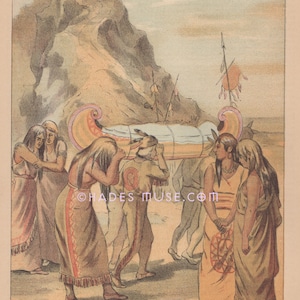 An Indian Funeral-Native American-Death-Canoe-Ceremony-Burial-Mourning-Grief-1881 Antique Vintage Color Art Print-Gothic Picture-Engraving