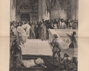 Medieval Execution Ritual-Doge Marino Faliero-Death-Tragedy-Menacing-Lord Byron-1875 Old Antique Vintage Art Print-Gothic Picture-Engraving