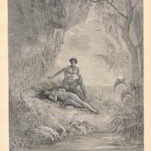 Adam & Eve-Garden Of Eden-Apple-Sin-1885 Antique Vintage Art PRINT-Devil-Lucifer-Gothic-Goth-Cordial Love-Enamoured-Paradise Lost-Nude-Dore