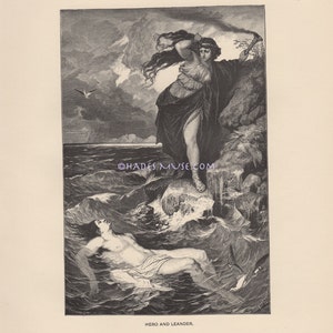 Dead Lover-Priestess Of Venus -1891 Antique Vintage TYPOGRAVURE-Grief-Mourning Over Lost Love-Hero-Drowns In Storm