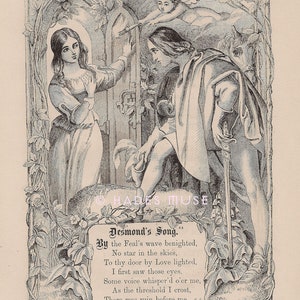May include: A black and white illustration of a couple standing in a doorway. The woman is holding a door open and the man is holding a sword. The text "Desmond's Song." is printed below the image.