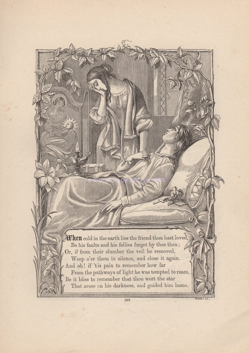 Friend Lies In Cold Earth-Grave-1872 Antique Vintage Art image 0