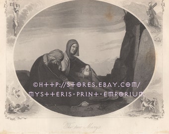 Two Mary's Grieving-1843 Antique Vintage Art PRINT-Picture-Engraving-Gothic-Mourning-Jesus Christ Tomb-Religious-Religion-God-Savior-Grief