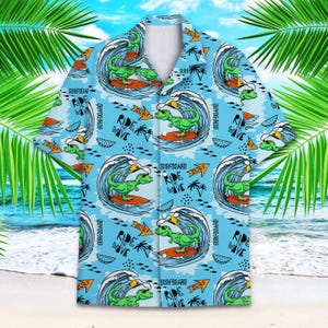 Camisa hawaiana de surf con dinosaurios: Camisa masculina con botones y estampado de olas de playa azules