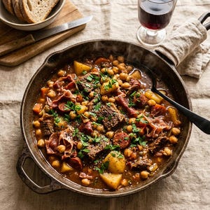 May include: A cast iron skillet filled with a hearty stew containing chunks of beef, chickpeas, sliced sausage, and potatoes in a dark brown broth, garnished with fresh green herbs. A black serving spoon rests inside the skillet.