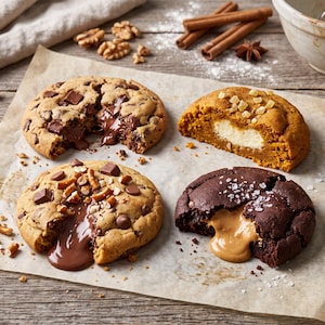 Può includere: Quattro biscotti distinti disposti su carta da forno. Uno è un biscotto al cioccolato con un centro fuso, uno è color zucca con un ripieno cremoso, uno è guarnito con pretzel e cioccolato e uno è un biscotto al cioccolato fondente con sale marino.