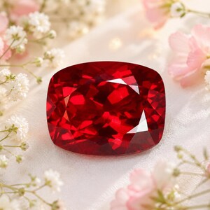 Può includere: Una pietra preziosa di rubino taglio cuscino, di colore rosso intenso e saturo, con una superficie sfaccettata che riflette la luce. La gemma è circondata da piccoli fiori bianchi di gipsofila e petali rosa, creando una cornice floreale.