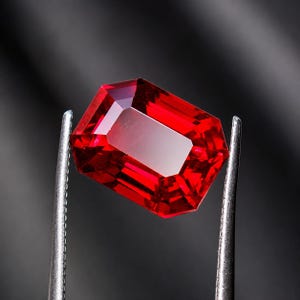 Puede incluir: Una gema roja rectangular y facetada, sostenida por unas pinzas de metal plateado. La piedra presenta una superficie clara y pulida con bordes definidos y tonos carmesí profundos que reflejan la luz a través de su estructura geométrica.