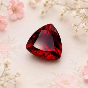 Puede incluir: Una piedra preciosa tallada en forma de triángulo con un color rojo profundo y vibrante. La piedra presenta una forma triangular con bordes afilados y limpios, y una superficie altamente reflectante que capta la luz, mostrando su claridad.