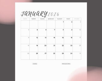 Calendário minimalista imprimível de 2026 em PDF | Início no domingo e na segunda-feira | Download instantâneo