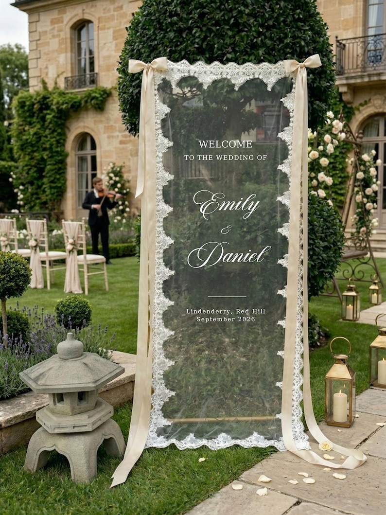 Sheer Lace Wedding Welcome Sign: Tulle Fabric, Macquin Sequins with Stand image 1