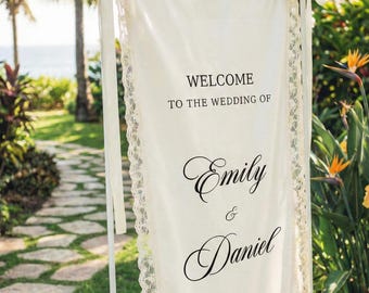 Linen sign with Lace Trim: Custom Wedding, Baby Shower Decor, romantic wedding