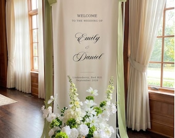 Personalized Linen Welcome Sign – Custom Fabric Wedding Signage, Rustic Ceremony Banner, Natural Cotton Decor, Customized Names & Date