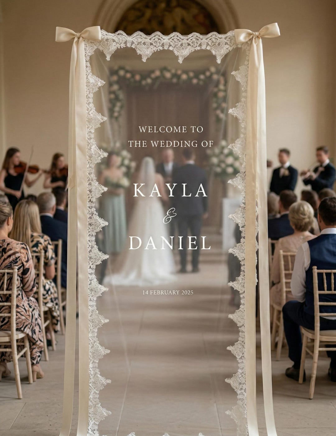 Romantic Lace Welcome Sign: Clear Sheer Tulle Wedding Signage, Fabric ...