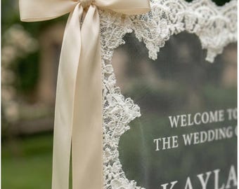Sheer Lace Wedding Welcome Sign: Tulle Fabric, Macquin Sequins with Stand