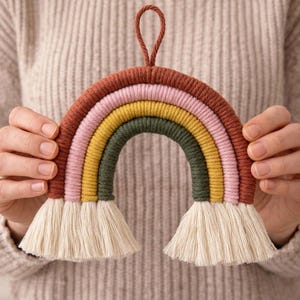 Op de afbeelding: Handgemaakte regenboog wanddecoratie met een ophanglus. De regenboog heeft lagen bruin, roze, geel en groen garen, met een crèmekleurige franje aan de onderkant. Een charmant decoratief stuk voor elke kamer.