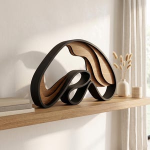 Puede incluir: Una escultura decorativa con formas curvas superpuestas en negro mate y veta de madera natural. El diseño abstracto consta de varias bandas fluidas interconectadas que crean una forma orgánica hueca con un acabado suave y pulido.
