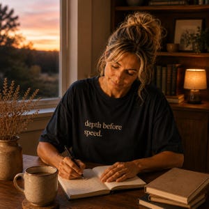 Könnte beinhalten: Eine Person, die ein marineblaues T-Shirt mit dem Text "depth before speed" trägt, schreibt in ein Notizbuch. Eine Kaffeetasse und ein Stapel Bücher stehen auf dem Holztisch. Eine Lampe und ein Bücherregal befinden sich im Hintergrund.