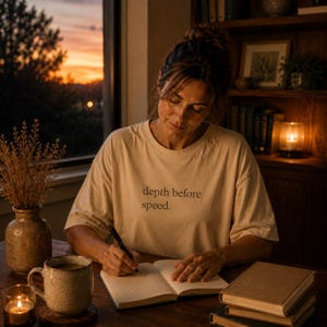 Könnte beinhalten: Eine Person, die ein beiges T-Shirt mit dem Text "depth before speed" trägt, schreibt in einem Notizbuch an einem Holztisch. Eine Kaffeetasse, eine Kerze und ein Stapel Bücher stehen auf dem Tisch. Eine Vase mit Trockenblumen und eine brennende Kerze sind ebenfalls zu sehen.