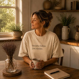 Könnte beinhalten: Ein beiges T-Shirt mit dem Text "breathe before you decide" wird von einer Person getragen, die eine Tasse hält. Die Szene spielt in einer Küche mit einem Holztisch, einer Glasvase mit Trockenblumen und einem Notizbuch mit einem Stift.