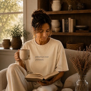 Könnte beinhalten: Eine Person sitzt drinnen, liest ein Buch und hält eine Tasse Tee. Sie trägt ein cremefarbenes T-Shirt mit dem Text "presence over pressure". Der Raum hat eine gemütliche, natürliche Ästhetik mit Holzregalen und einem Fenster.
