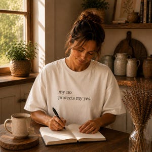Könnte beinhalten: Eine Frau trägt ein weißes T-Shirt mit dem Text "my no protects my yes" und schreibt in ein Notizbuch. Eine Tasse Tee steht auf einem Holzuntersetzer. Eine Vase mit Trockenblumen steht auf dem Tisch.