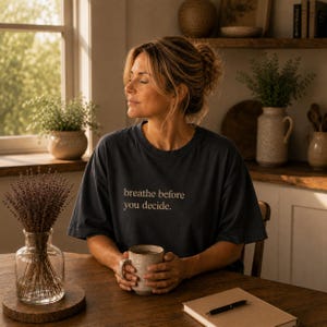 Könnte beinhalten: Ein dunkelblaues T-Shirt mit dem Text "breathe before you decide" in hellem Beige. Das T-Shirt wird von einer Person getragen, die einen beigen Becher hält. Eine klare Glasvase mit getrocknetem Lavendel steht auf einem Holztisch.
