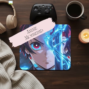 May include: A square mousepad featuring a graphic illustration of an anime character with dark hair, red eyes, and hanafuda-style earrings, holding a sword surrounded by glowing blue water effects, with the text ANIME MOUSEPAD printed on top.