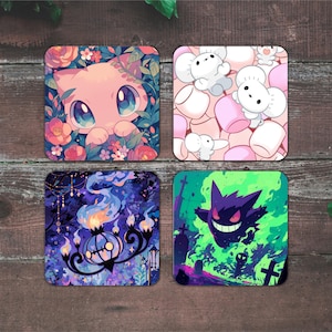 May include: Four square coasters with cartoon designs. One shows a pink creature in flowers, another has white creatures and marshmallows, a third depicts a blue and purple scene with a jack-o'-lantern, and the last has a purple ghost.