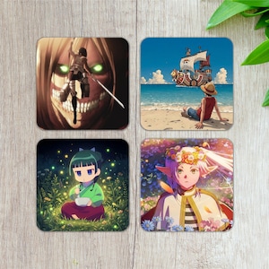 May include: Set of four square coasters featuring anime-style illustrations. Designs include a giant humanoid figure with a sword, a ship on a beach, a character in a green robe, and a character with a flower crown.