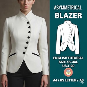 Asymmetrical Blazer Sewing Pattern High Neck Tailored Jacket PDF