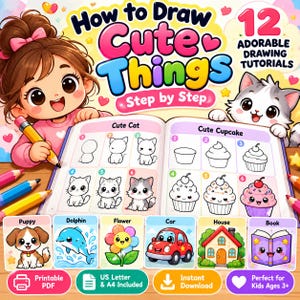 以下が含まれることがあります： How to Draw Cute Thingsと題された12 Adorable Drawing Tutorialsの描画チュートリアルブック。表紙にはキャラクターと猫が描かれており、猫とカップケーキの描き方のステップバイステップガイド、子犬、イルカ、花、車、家、本のアイコンが含まれています。