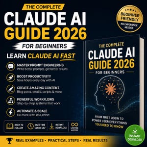 May include: A book cover for "The Complete Claude AI Guide 2026" aimed at beginners. The cover displays a graphic of a head with a brain-like pattern. The book promises to teach users how to learn Claude AI quickly and efficiently.