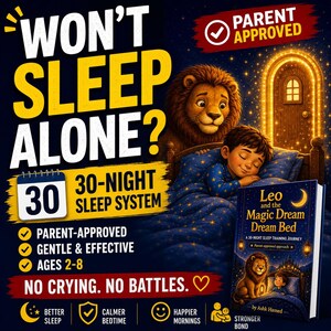 May include: A promotional image for a children's sleep program. The image features a sleeping child in a bed with a lion, a book titled "Leo and the Magic Dream Bed", and text that reads "Won't Sleep Alone?" and "30-Night Sleep System."